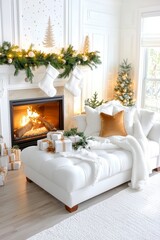 Cozy Christmas Living Room with Fireplace and White Sofa