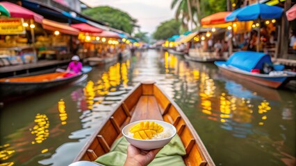 Fototapeta premium Foodie travel culinary adventure concept. Vibrant market scene on a river with a person holding a bowl of food in a boat.