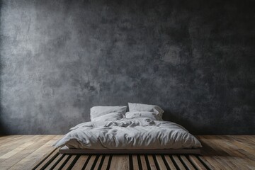 Minimalist bedroom with unmade bed against textured wall.