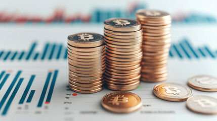 Staked coins on financial data charts represent growth and investment. image captures essence of cryptocurrency analysis and market trends, showcasing stacked coins and graphs