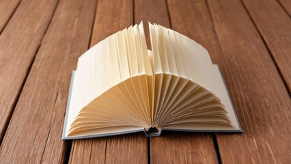  An open book rests on a wooden surface showcasing its blank pages