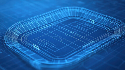 detailed 3D blueprint of sports stadium, showcasing its layout and design elements in vibrant blue color scheme. energetic design highlights field and seating arrangement