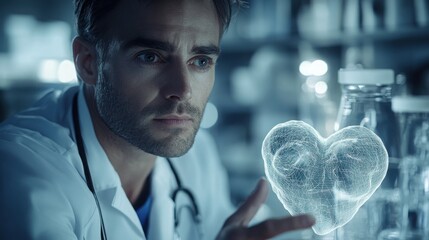 A cardiology expert consulting AI-generated reports on stent effectiveness for high-risk heart patients. Created with generative AI.