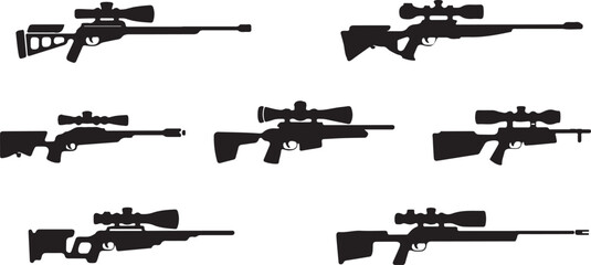 Various sniper rifle silhouettes in vector design for weapons, military, and combat illustrations