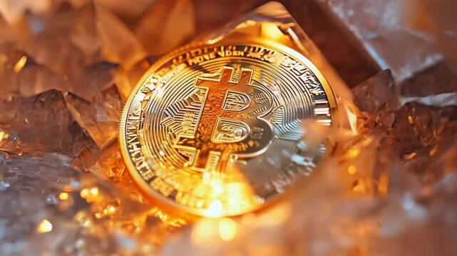 Golden Bitcoin Cryptocurrency Coin Inside a Sparkling Crystal