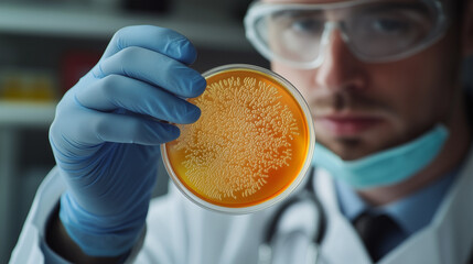 Researcher examines petri dish containing bacteria culture in laboratory setting