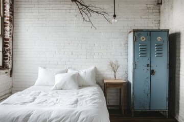 Minimalist bedroom with white bedding, exposed brick wall, and vintage blue locker.
