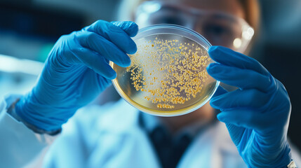 Researcher examines petri dish containing bacteria culture in laboratory setting