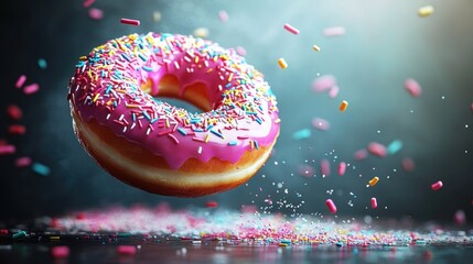 A glossy donut with vibrant sprinkles suspended in mid-air, captured in dynamic lighting with soft focus on the sprinkles and a minimalist backdrop creating a surreal effect.