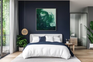Modern bedroom interior with large abstract green artwork.