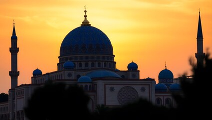 Beautiful mosque with blue domes and tall minarets against a vibrant sunset sky. Islamic concept.
