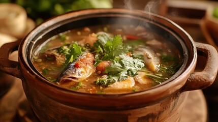 Delicious steaming fish soup in a traditional clay pot garnished with fresh herbs.