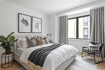 Fototapeta premium Modern bedroom interior with large windows, comfy bed, and stylish decor.