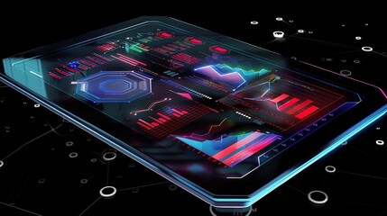 Futuristic and visually appealing charts displayed on a sleek digital tablet, showcasing modern data visualization and technology concepts. The digital tablet serves as a platform for presenting these