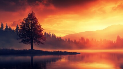 Fototapeta premium Fiery Sunset over Serene Lake and Solitary Tree