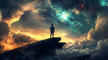 Fototapeta premium Contemplating the Cosmos: A Solitary Figure Gazes Upon a Breathtaking Celestial Landscape