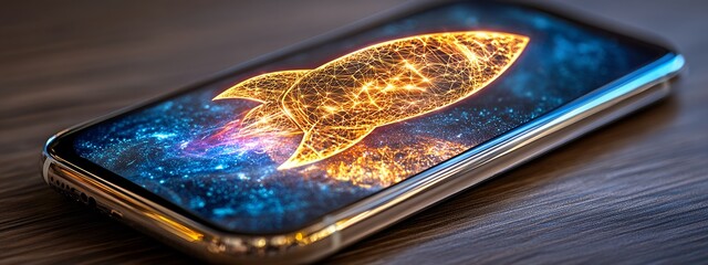 Glowing Golden Rocket Ship on Smartphone Screen