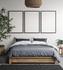 Modern bedroom interior with three blank frames, wooden bed, plants, and minimalist decor.