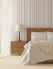 Minimalist bedroom with wood bed, neutral tones, and sheer curtains.