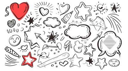 Hand - Drawn Doodle Sketch Style Vector Illustration: Arrow, Star, Heart, Circle, Cloud, Speech Bubble, and Grunge Element Set