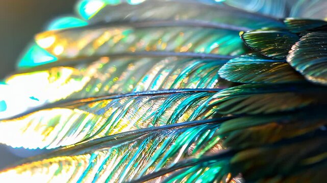 Colorful iridescent feathers with shimmering bright bokeh effect