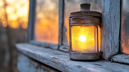 Glowing Lantern on Frosty Windowsill at Sunset
