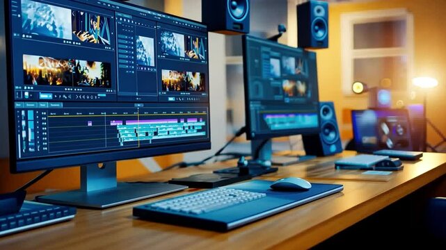 Creative Video Editing Workspace with Modern Technology, Multiple Monitors, Editing Software, and Audio Equipment for Enhanced Productivity