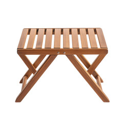 A wooden folding stool with slatted design and crossed legs, suitable for casual seating and outdoor use.