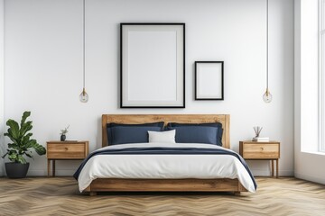 Minimalist bedroom with wooden bed, navy bedding, and framed artwork.