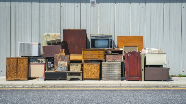 A pile of bulk trash items like furniture and old appliances on a curbside.