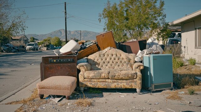 A pile of bulk trash items like furniture and old appliances on a curbside. - Powered by Adobe