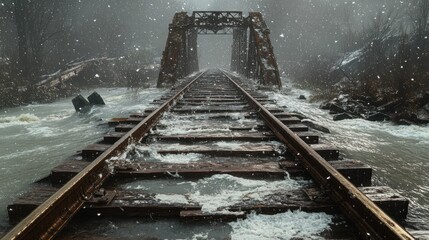 Flooded Railroad Tracks During a Snowstorm