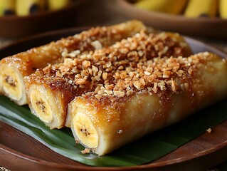 Banana Rolls Topped with Nuts on Wooden Plate