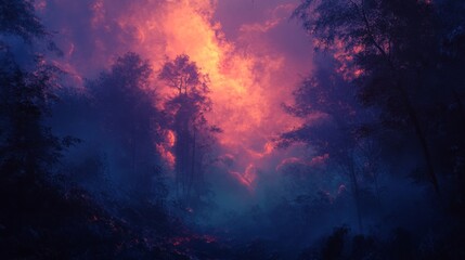Naklejka premium Fiery Forest Twilight: A Digital Painting of an Enigmatic Forest Scene Bathed in the Warm Glow of a Setting Sun, Creating a Dramatic and Atmospheric Landscape.