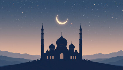 Crescent Moon and Mosque Outline