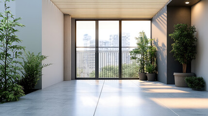 Modern interior with large windows, plants, and natural light