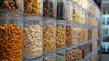 A variety of bulk snacks like nuts, dried fruits, and pretzels displayed in clear containers.