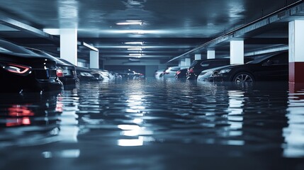 Submerged Vehicles in a Flooded Underground Parking Garage