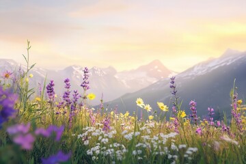 wild mountain meadow at golden hour, diverse wildflowers in purple, yellow and white dancing among tall grasses, with distant misty peaks bathed in warm sunset light