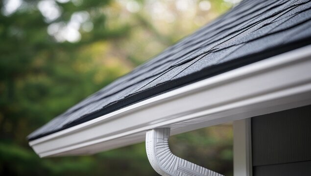 Close-up of a pristine white gutter system seamlessly integrated with a dark grey asphalt shingle roof, showcasing excellent home maintenance and aesthetic appeal.