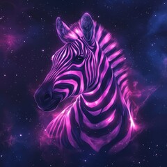 A stylized zebra with neon purple stripes against a deep space galaxy background
