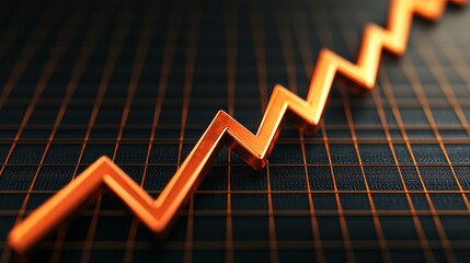 A stylized orange zigzag line rises over a dark grid background, symbolizing growth, progress, or stock market trends.