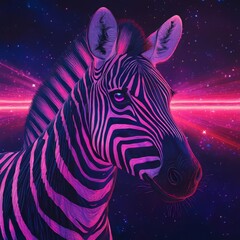 A stylized zebra with pulsating neon purple and pink lines against a cosmic background 