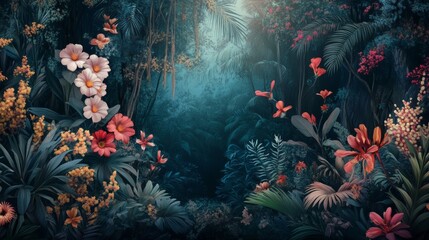 Obraz premium Enchanted Tropical Garden: A Mystical Journey into Lush Foliage and Vibrant Blooms