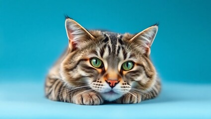 Obraz premium Gray Tabby Cat Relaxing on Blue Background in Serene, Expressive Pose