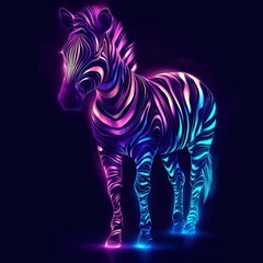 Abstract glowing zebra silhouette with alternating purple and teal neon stripes 