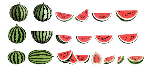 A collection of colorful watermelon icons in a clean and modern vector style. This set includes whole watermelon and sliced ​​pieces. Perfect for creative projects, graphic design, and fruit and veget