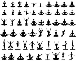 Set of yoga poses vector icons with black silhouettes, perfect for creative projects, graphic design and fitness for sustainable health