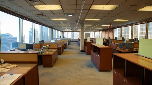 Abandoned office space with empty desks and old furniture in a high-rise building with city view