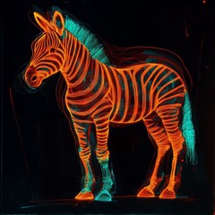 Fototapeta premium Artistic glowing zebra made entirely of neon orange and turquoise lines